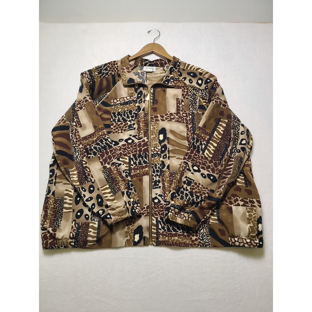 Teddi 3X Zip Up Jacket Animal Print Patchwork Brown Safari Lightweight Piping
